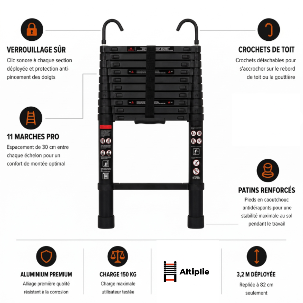 Échelle télescopique 3,2 m aluminium noire | Altiplie