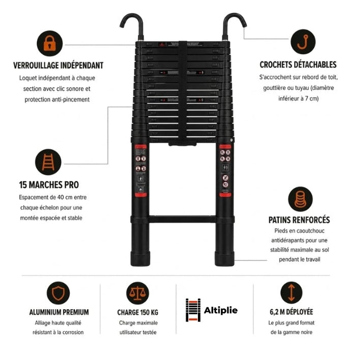 Échelle télescopique 6,2 m aluminium noire | Altiplie